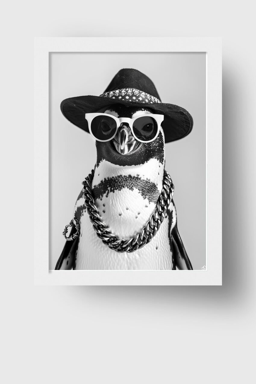 Fotografie Poster Pinguin schwarz-weiß mit Sonnenbrille und Hut