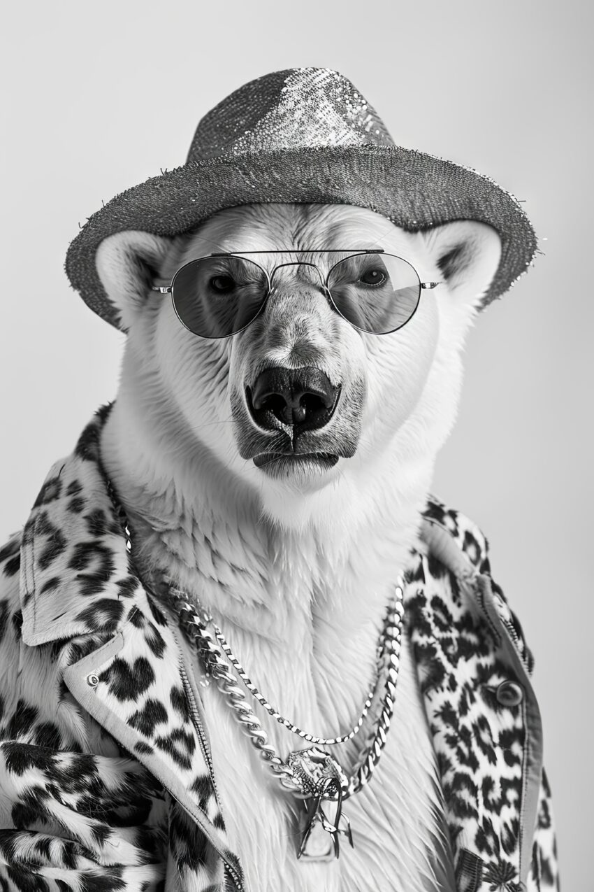 Fotografie Poster Eisbär Sonnenbrille schwarz-weiß