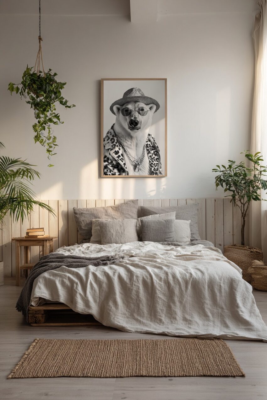 Fotografie Poster Eisbär Sonnenbrille Hut schwarz-weiß