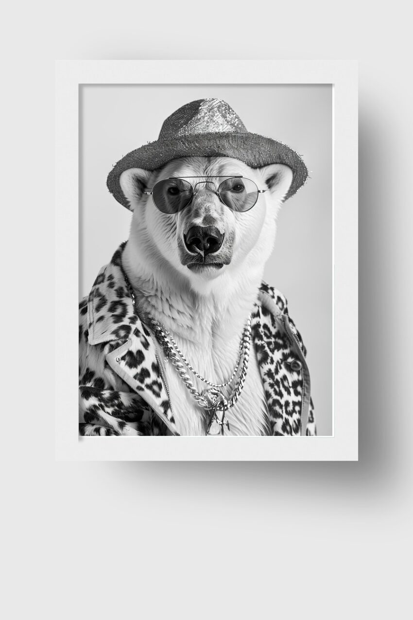 Fotografie Poster Eisbär Sonnenbrille Hut schwarz-weiß