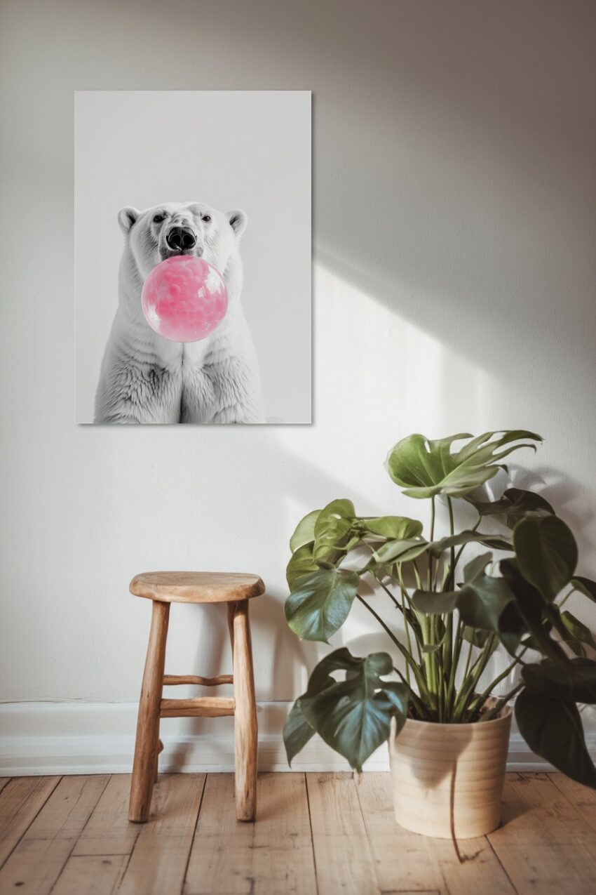 Fotografie Poster Eisbär weiß rosa Kaugummi
