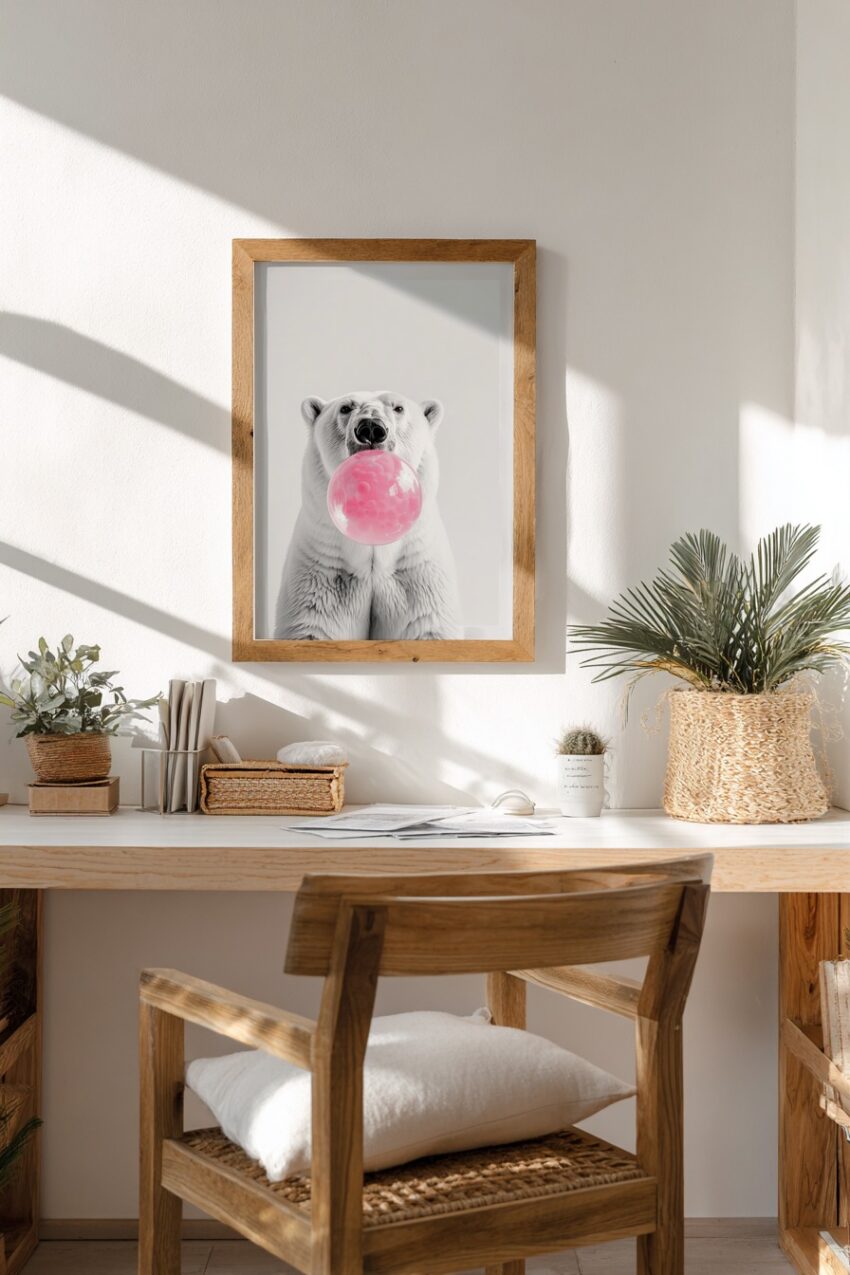 Fotografie Poster Eisbär rosa Kaugummi Blase Nahaufnahme