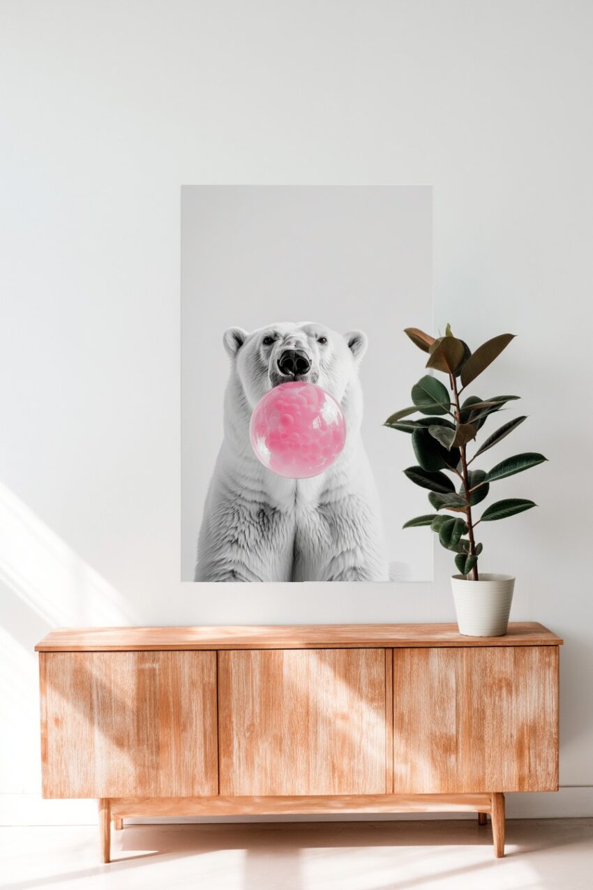 Fotografie Poster Eisbär weiß rosa Kaugummi