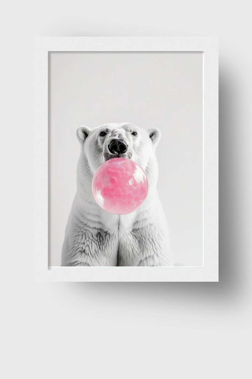 Fotografie Poster Eisbär rosa Kaugummi Blase Nahaufnahme