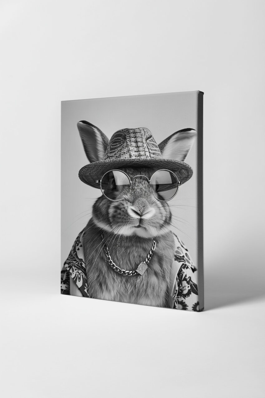 Fotografie Poster Kaninchen Hut Sonnenbrille schwarz-weiß