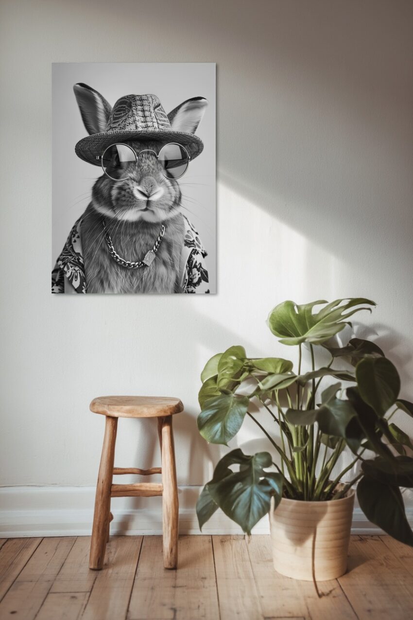 Fotografie Poster Kaninchen Hut Sonnenbrille schwarz-weiß