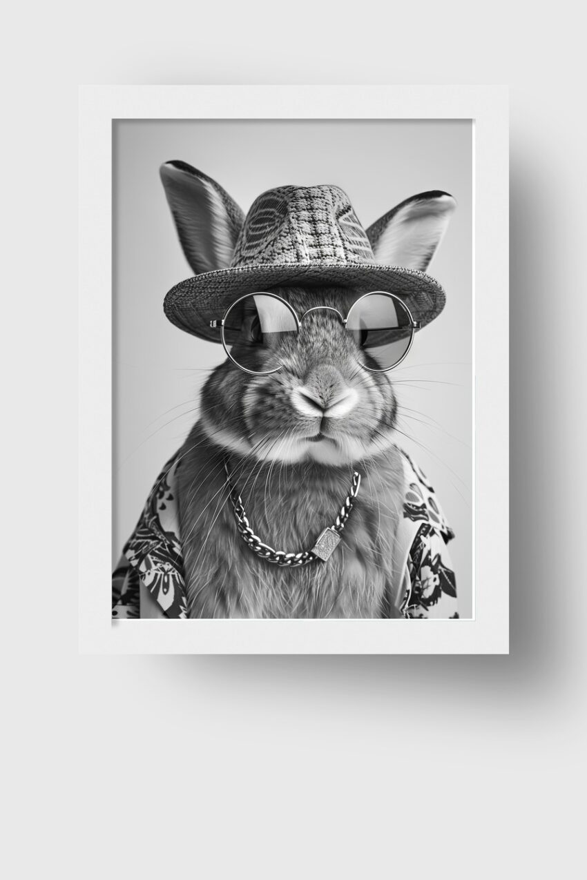 Fotografie Poster Kaninchen Hut Sonnenbrille schwarz-weiß