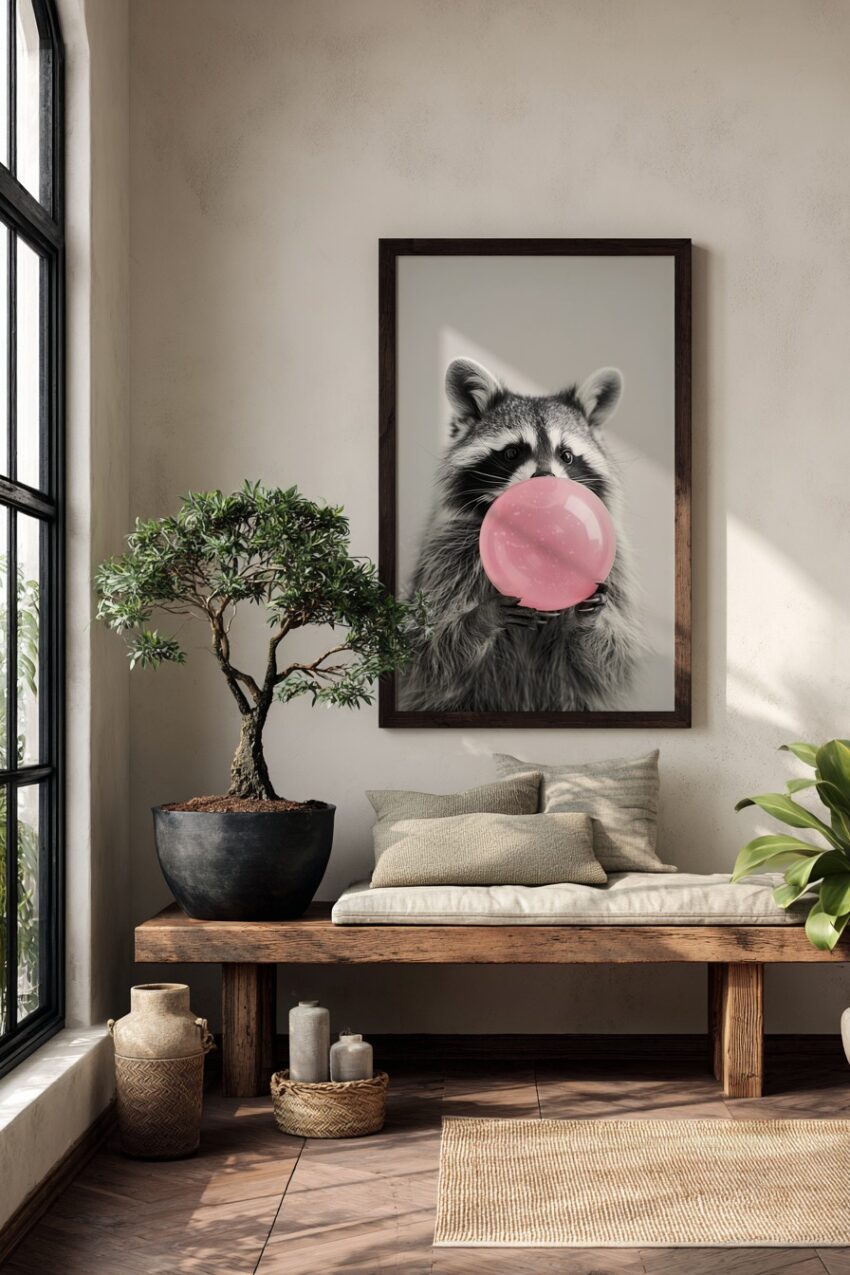 Fotografie Poster Waschbär rosa Bubblegum Blase