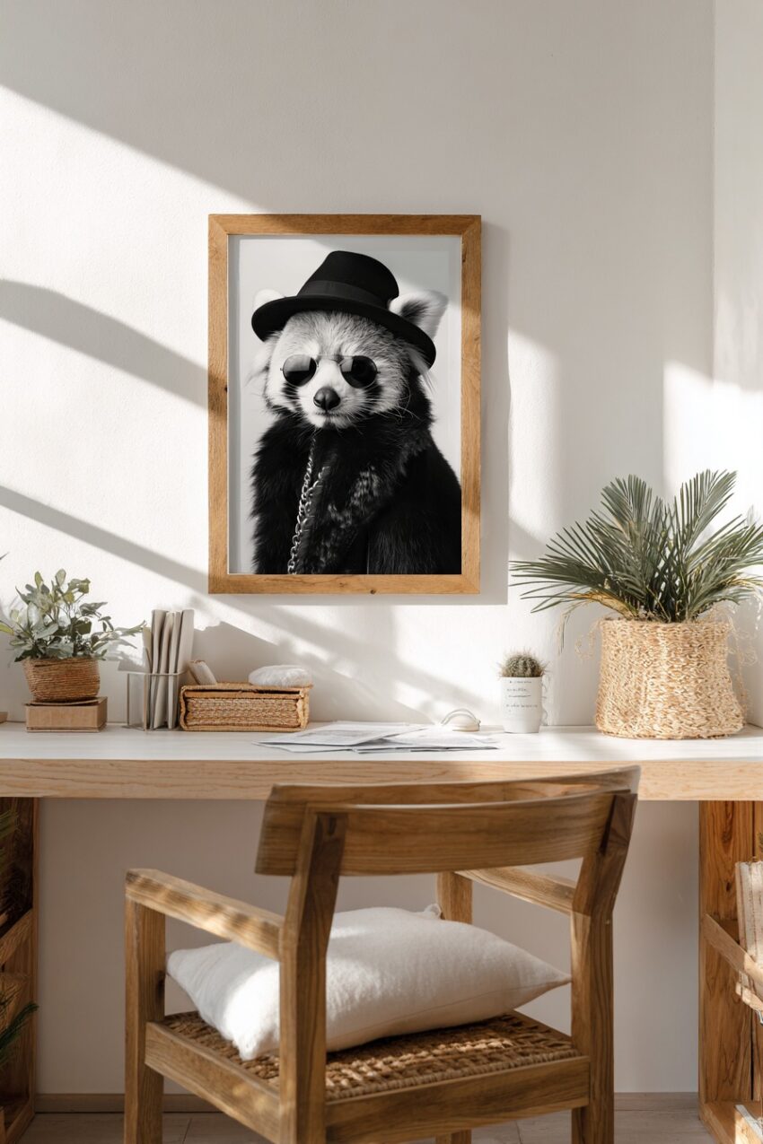 Fotografie Poster Roter Panda schwarz-weiß Hut Sonnenbrille