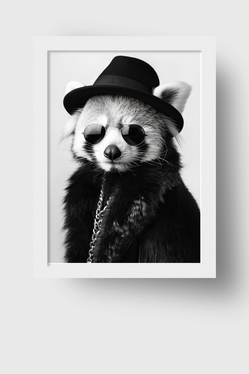 Fotografie Poster Roter Panda schwarz-weiß Hut Sonnenbrille