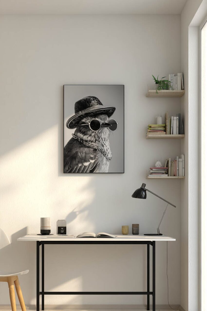 Fotografie Poster Vogel Sonnenbrille schwarz-weiß