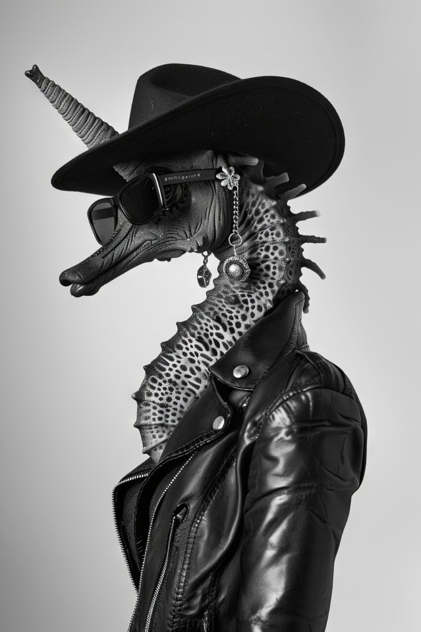 Fotografie Poster Seepferdchen schwarz-weiß Lederjacke Hut Sonnenbrille