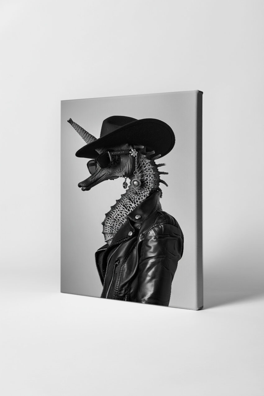 Fotografie Poster Seepferdchen schwarz-weiß Lederjacke Hut Sonnenbrille