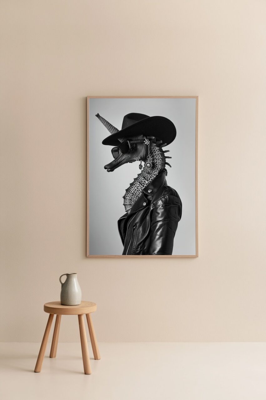 Fotografie Poster Seepferdchen schwarz-weiß Lederjacke Hut Sonnenbrille