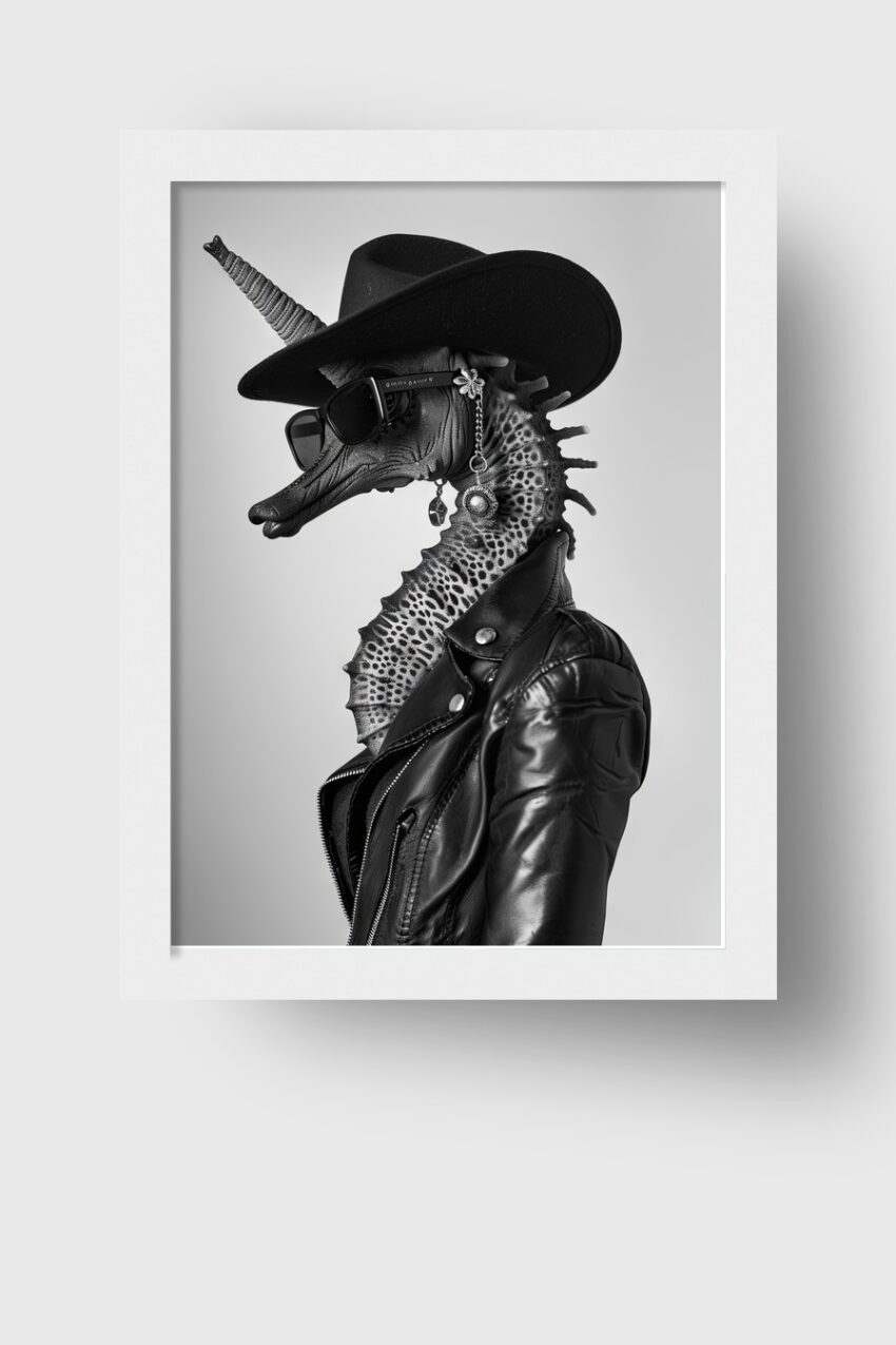 Fotografie Poster Seepferdchen schwarz-weiß Lederjacke Hut Sonnenbrille