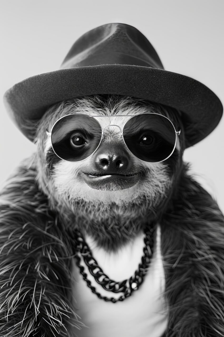 Fotografie Poster Faultier schwarz-weiß Hut Kette