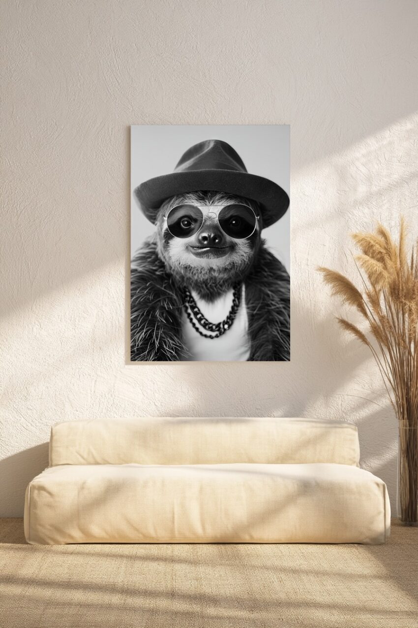 Fotografie Poster Faultier schwarz-weiß Hut Kette