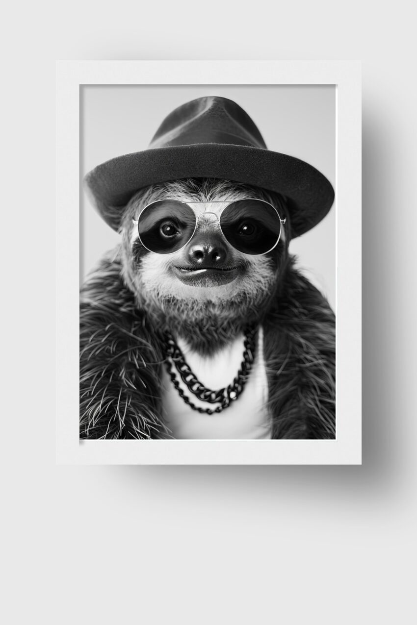 Fotografie Poster Faultier schwarz-weiß Hut Kette