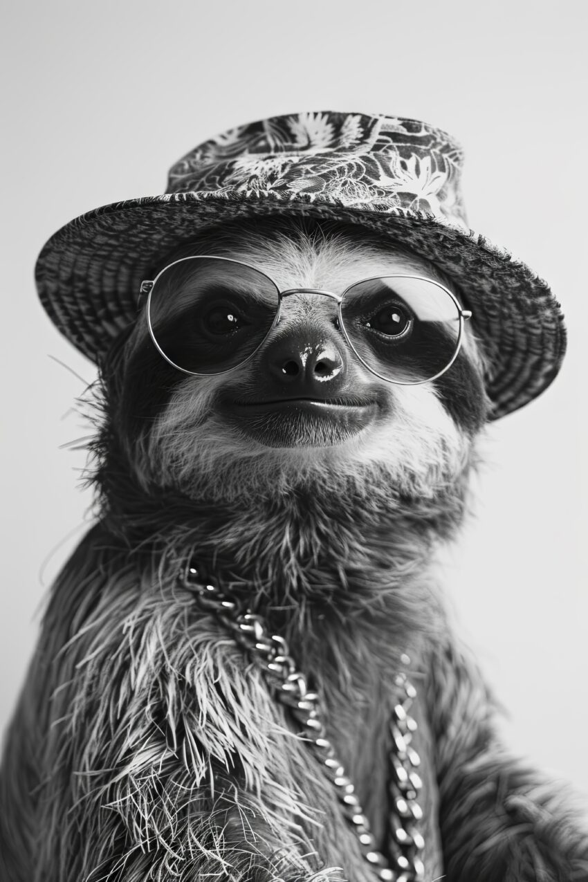 Fotografie Poster Faultier Hut Sonnenbrille schwarz-weiß