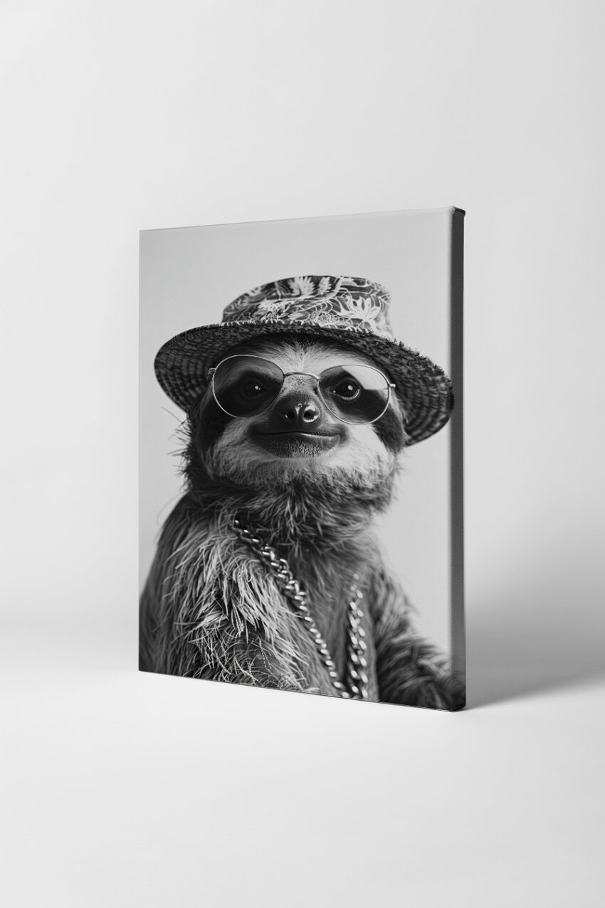 Fotografie Poster Faultier Hut Sonnenbrille schwarz-weiß