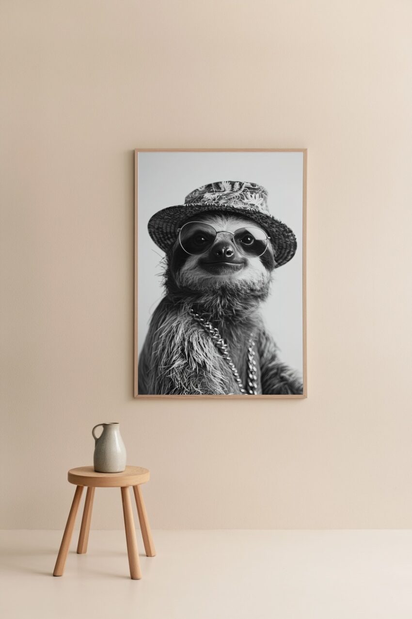 Fotografie Poster Faultier Hut Sonnenbrille schwarz-weiß