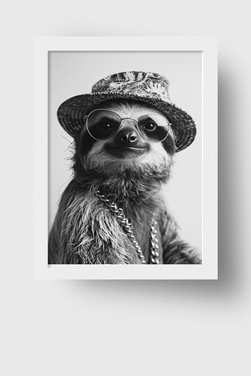 Fotografie Poster Faultier Hut Sonnenbrille schwarz-weiß