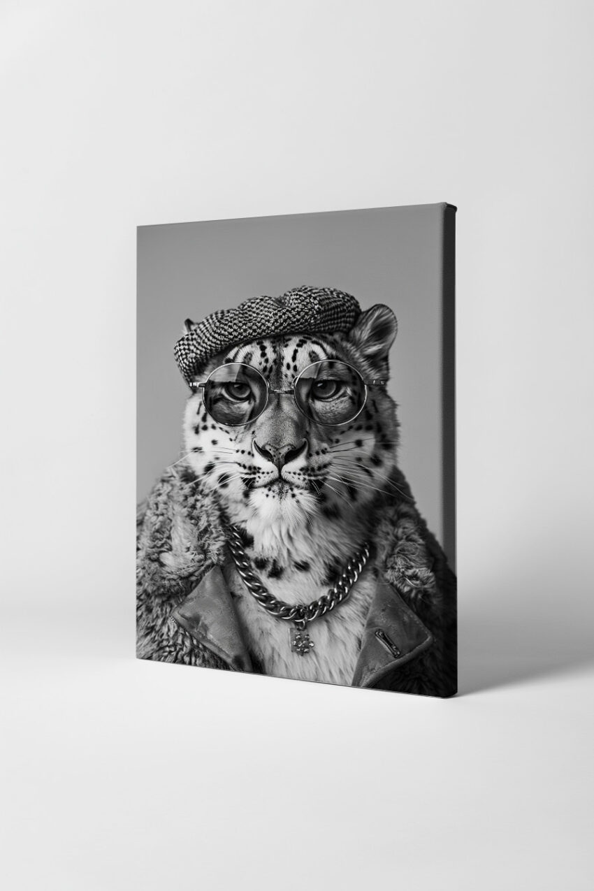 Fotografie Poster Gepard Porträt schwarz-weiß Brille Mütze