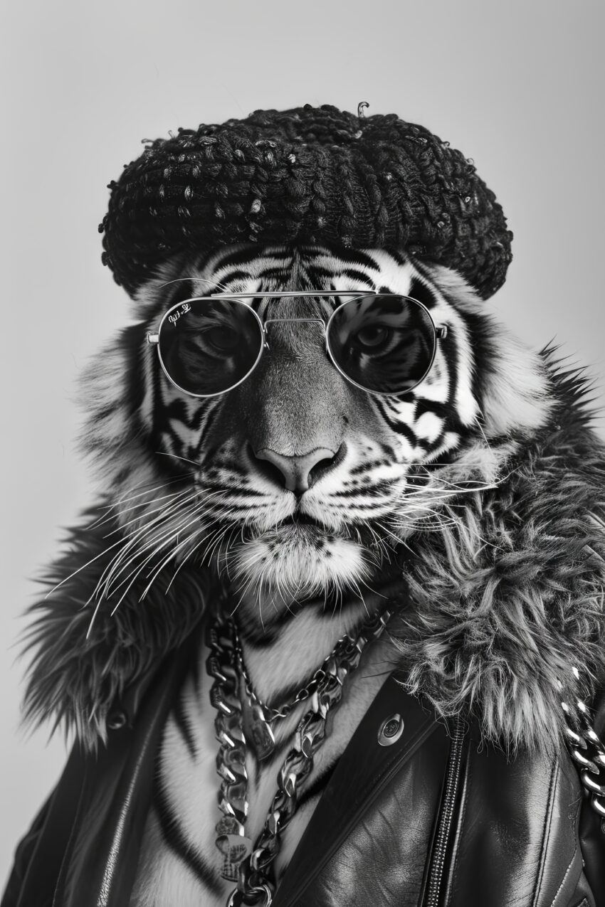 Fotografie Poster Tiger Portrait schwarz-weiß Mütze Sonnenbrille
