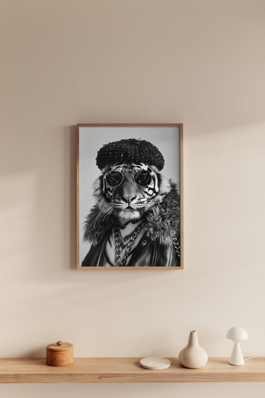 Fotografie Poster Tiger Portrait schwarz-weiß Mütze Sonnenbrille