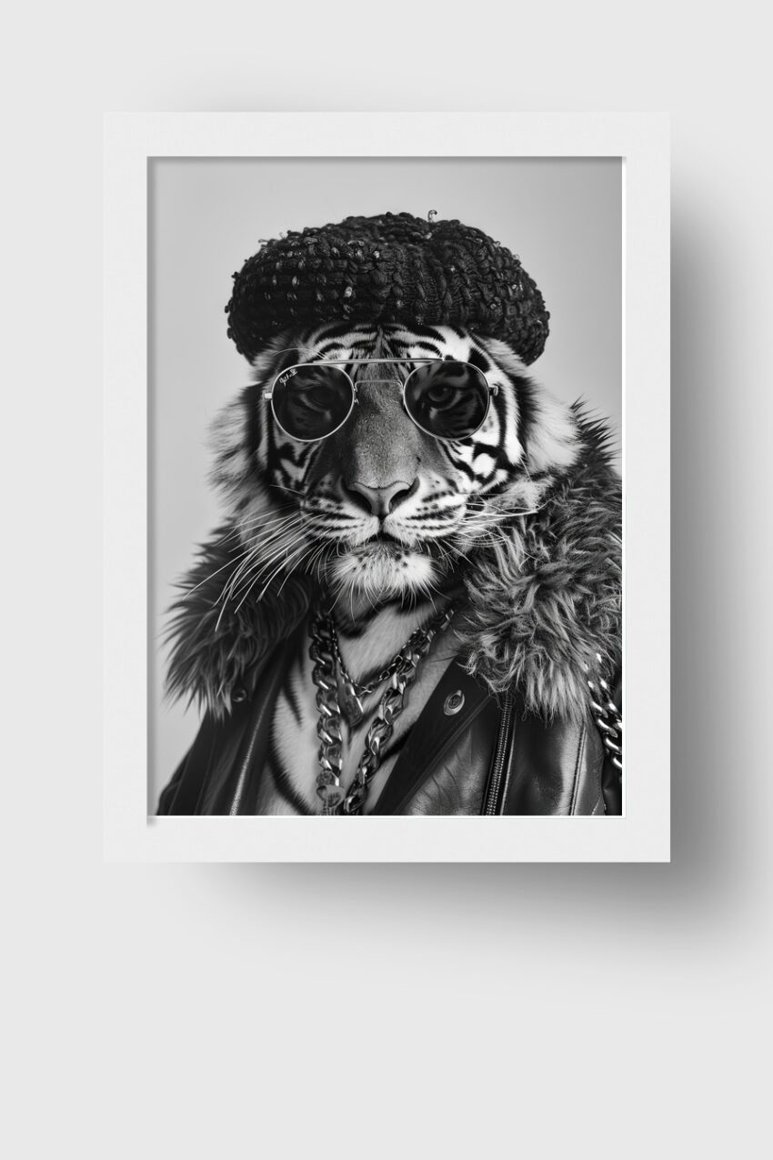 Fotografie Poster Tiger Portrait schwarz-weiß Mütze Sonnenbrille