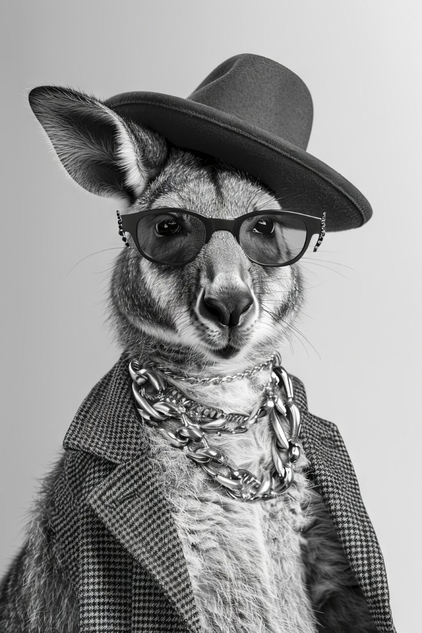 Fotografie Poster Känguru schwarz-weiß mit Hut Brille