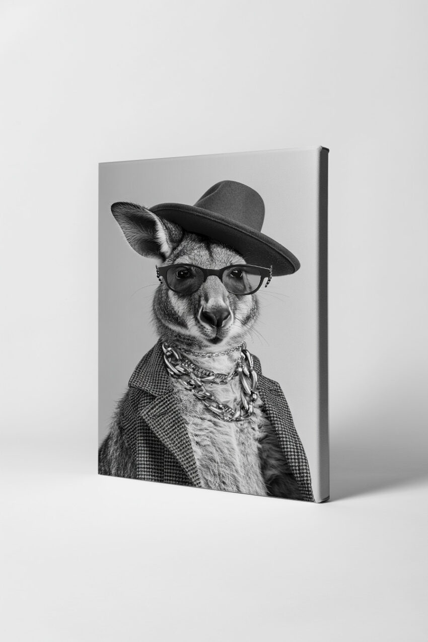 Fotografie Poster Känguru schwarz-weiß mit Hut Brille
