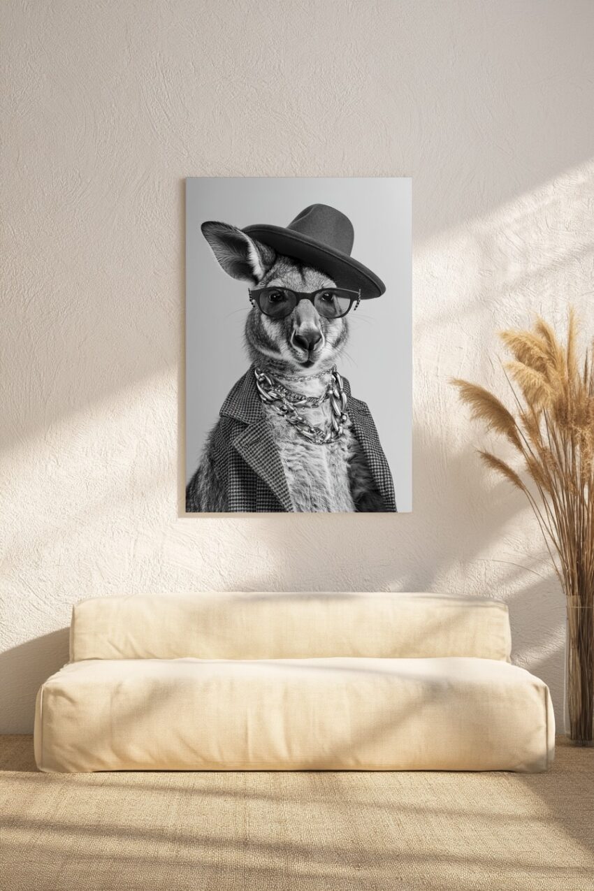 Fotografie Poster Känguru schwarz-weiß mit Hut Brille