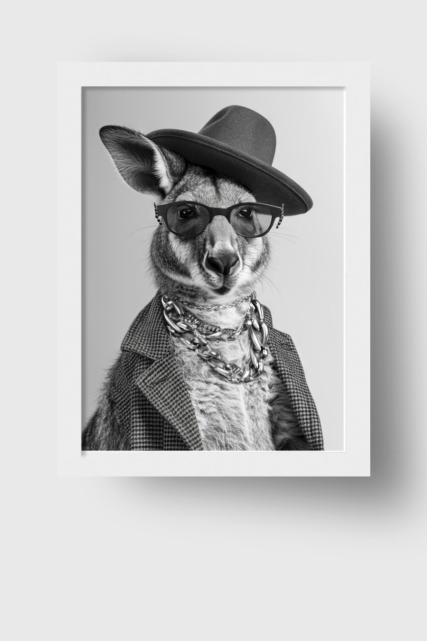 Fotografie Poster Känguru schwarz-weiß mit Hut Brille