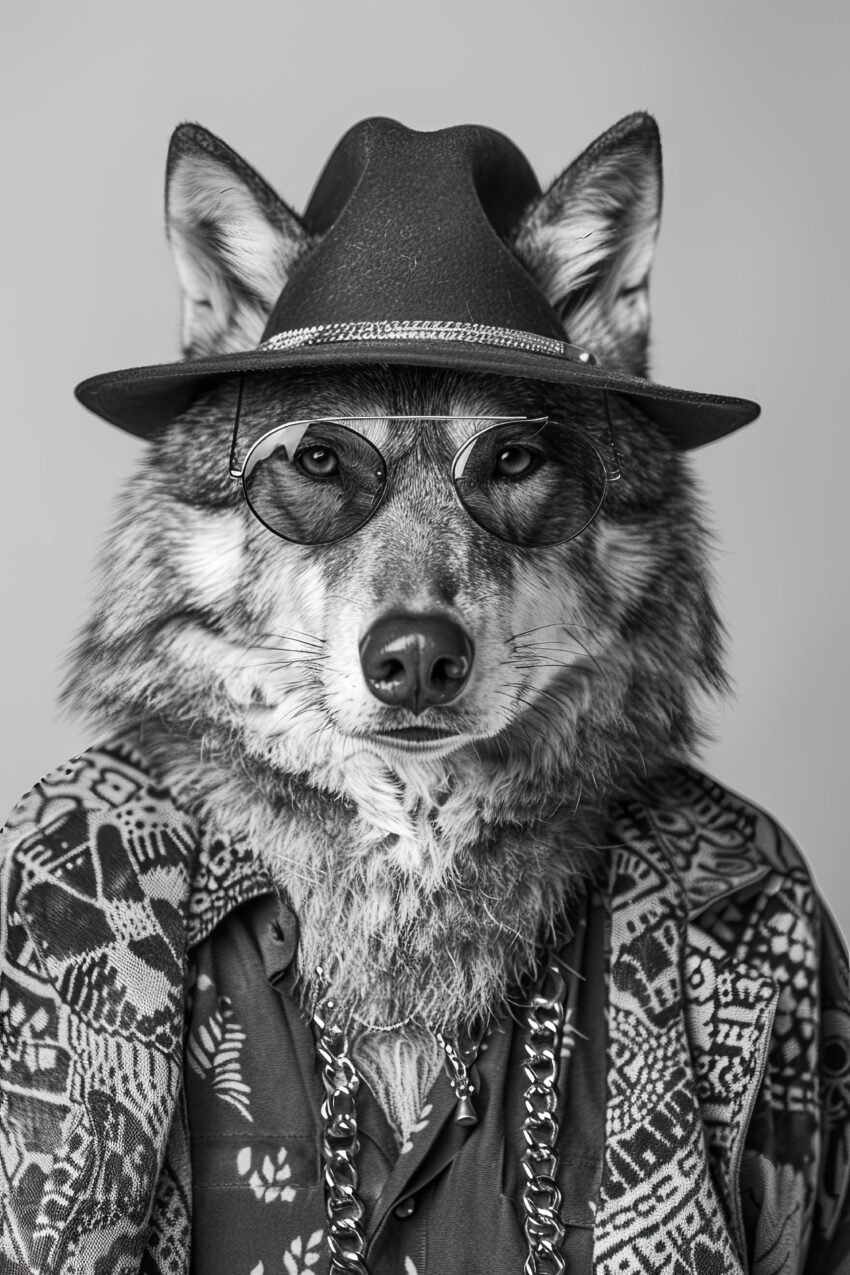 Fotografie Poster Wolf schwarz-weiß mit Hut und Sonnenbrille