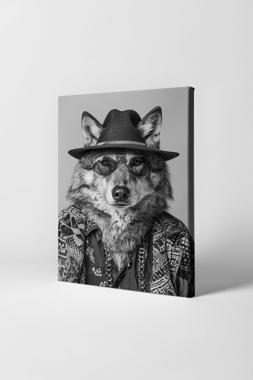 Fotografie Poster Wolf schwarz-weiß mit Hut und Sonnenbrille