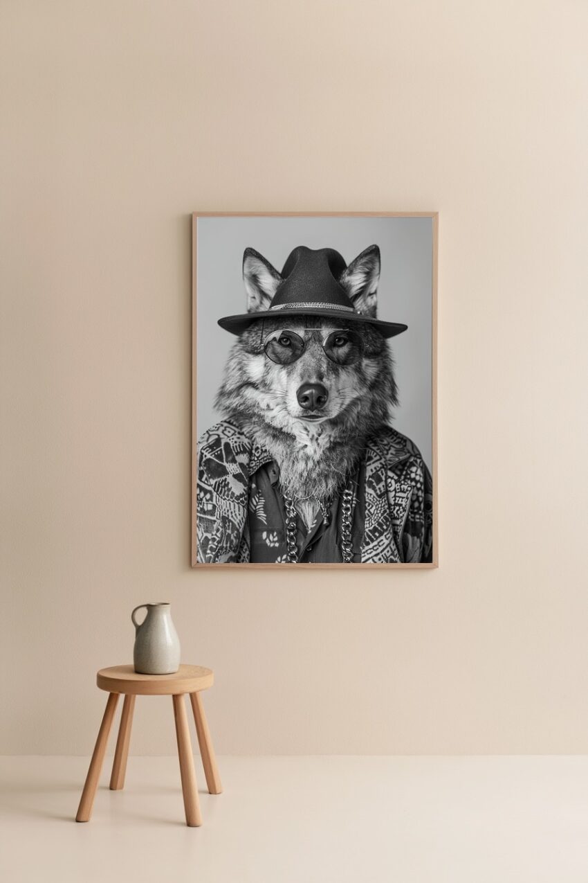 Fotografie Poster Wolf schwarz-weiß mit Hut und Sonnenbrille
