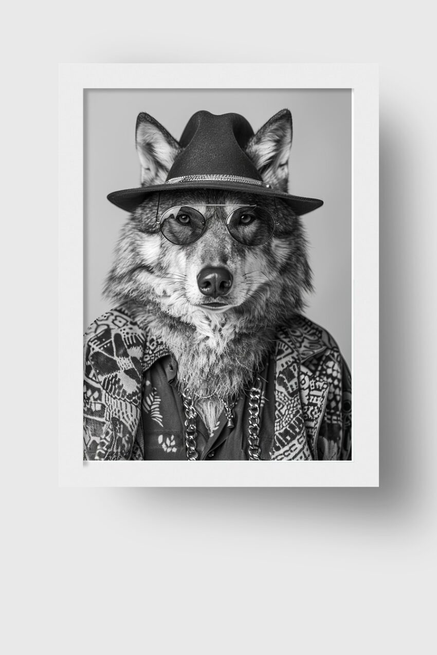 Fotografie Poster Wolf schwarz-weiß mit Hut und Sonnenbrille