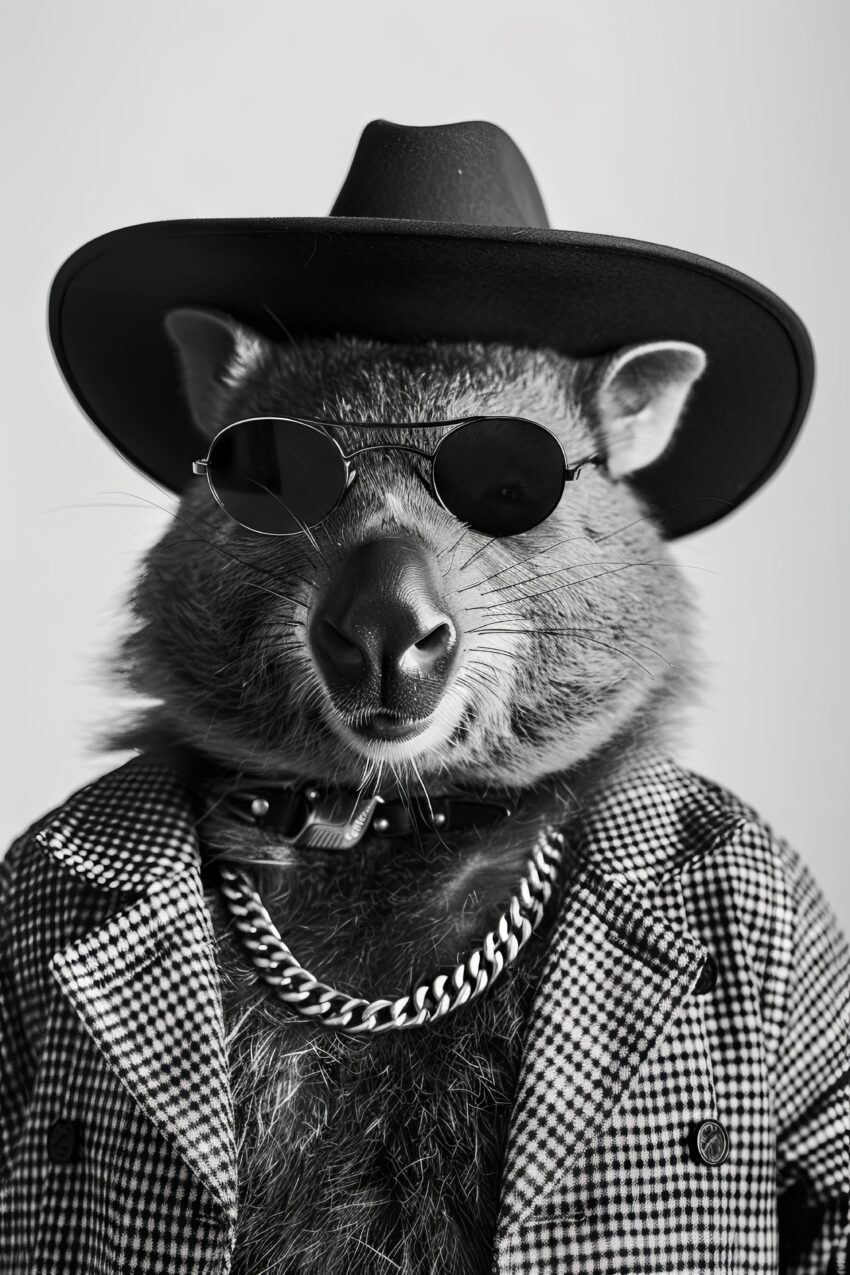 Fotografie Poster Wombat schwarz-weiß Hut Sonnenbrille