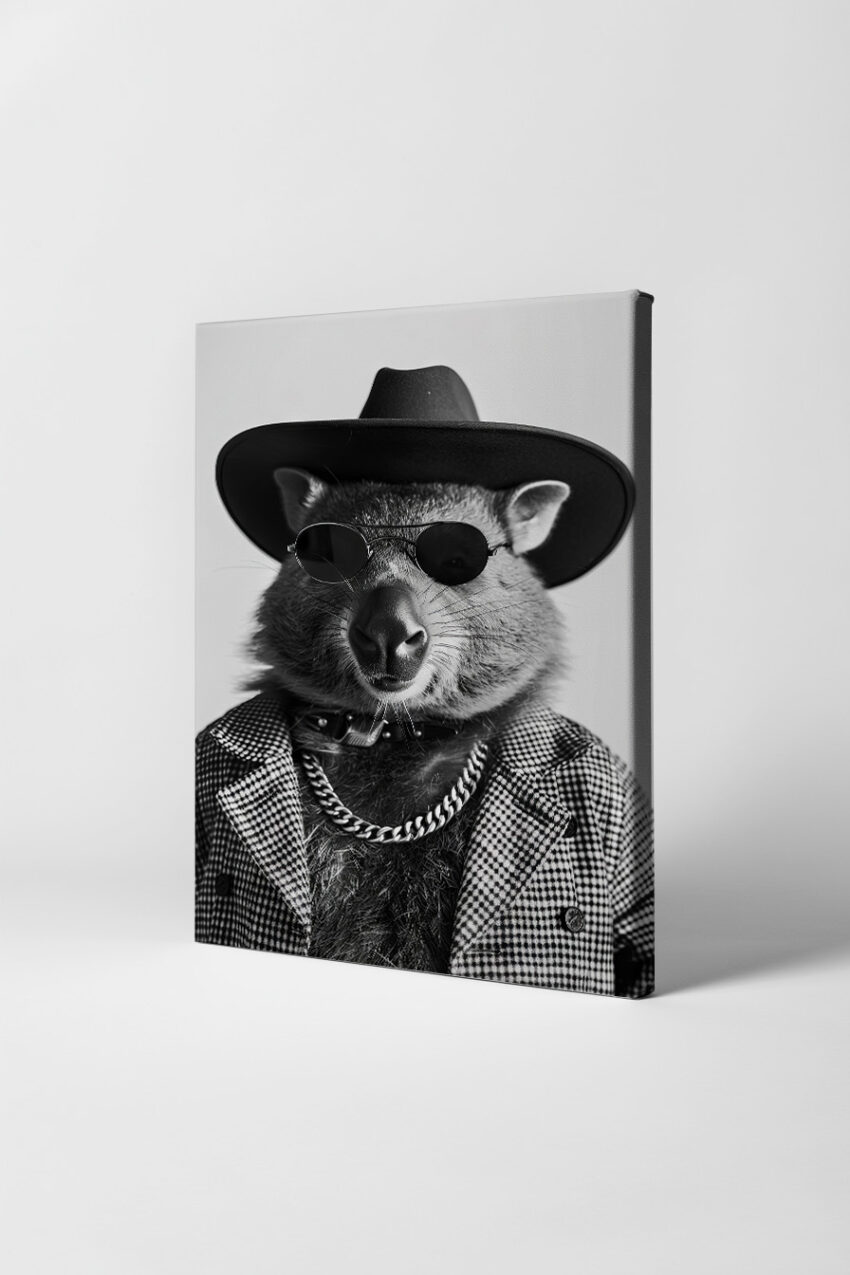 Fotografie Poster Wombat schwarz-weiß Hut Sonnenbrille