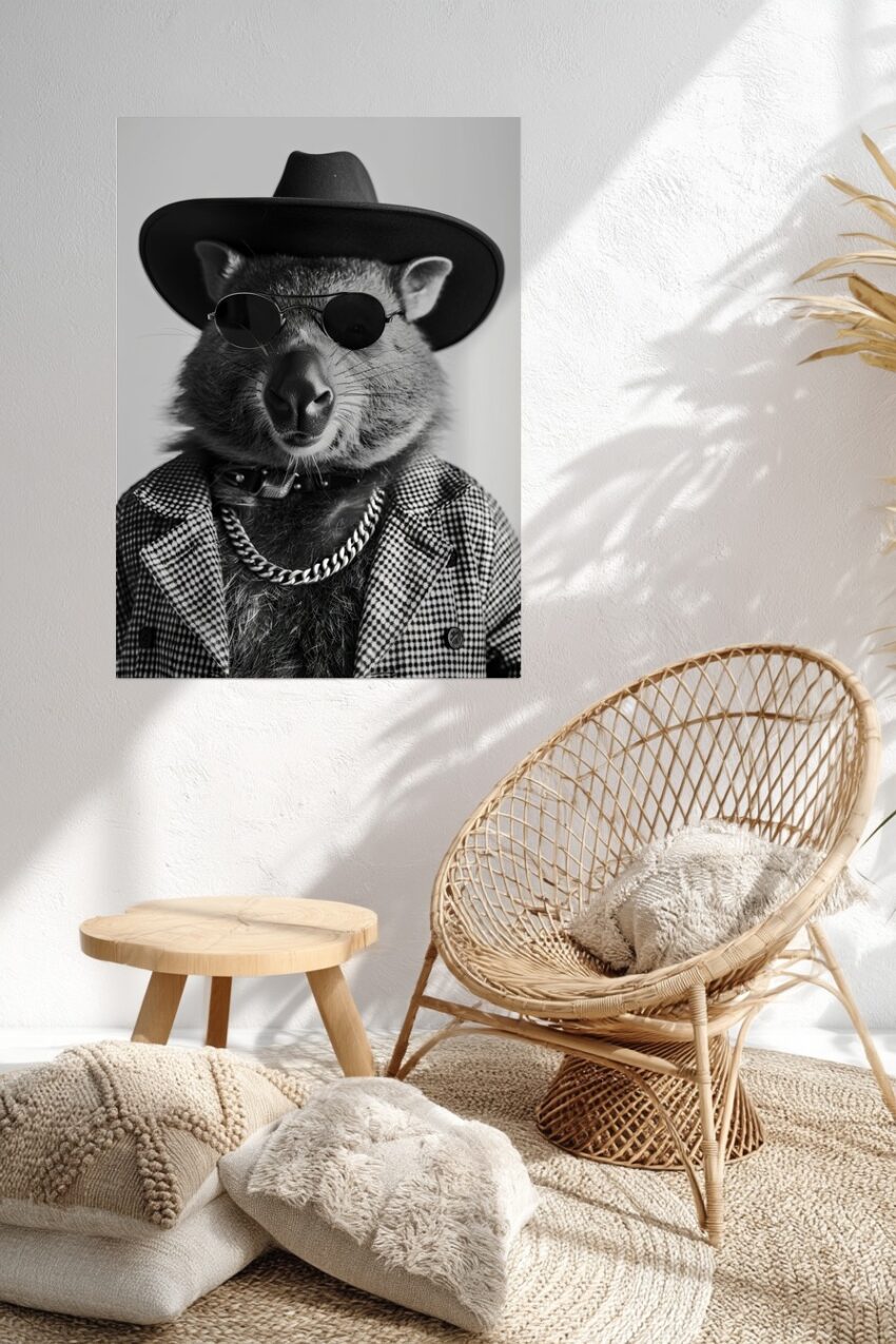 Fotografie Poster Wombat schwarz-weiß Hut Sonnenbrille