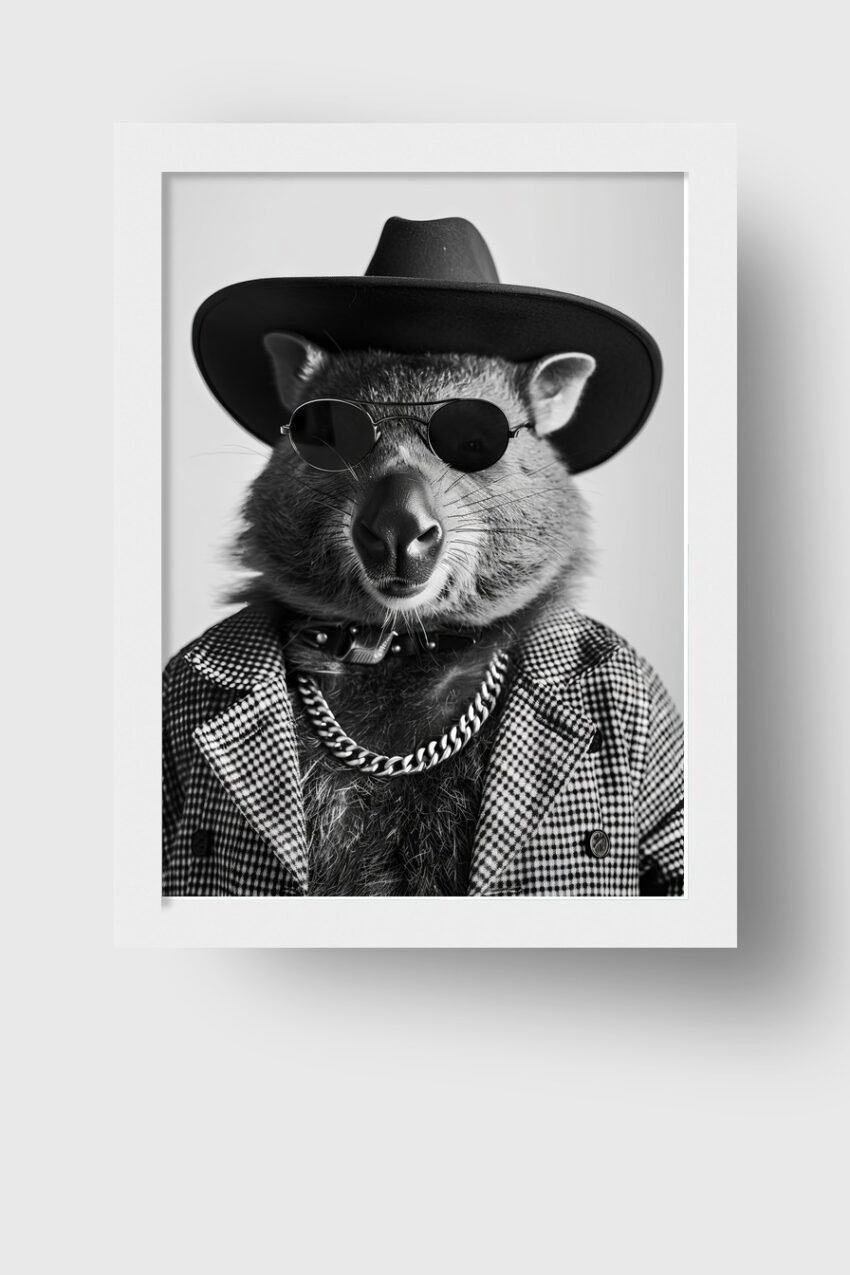 Fotografie Poster Wombat schwarz-weiß Hut Sonnenbrille