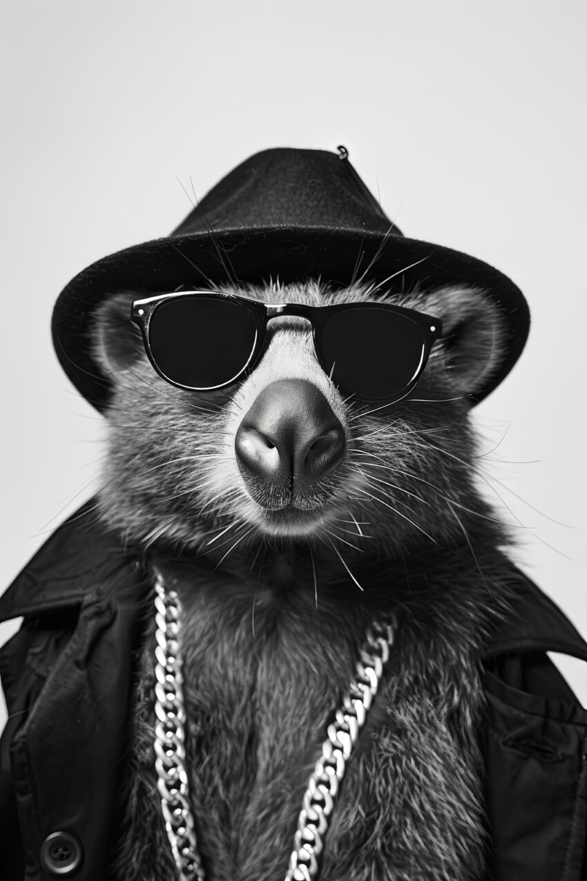 Fotografie Poster Bär Hut Kette schwarz-weiß