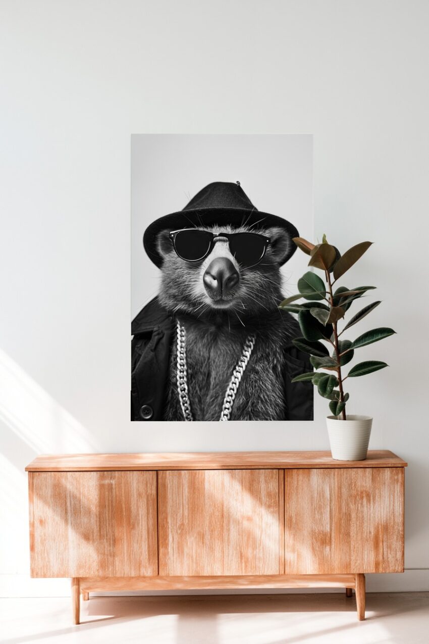 Fotografie Poster Bär Hut Kette schwarz-weiß