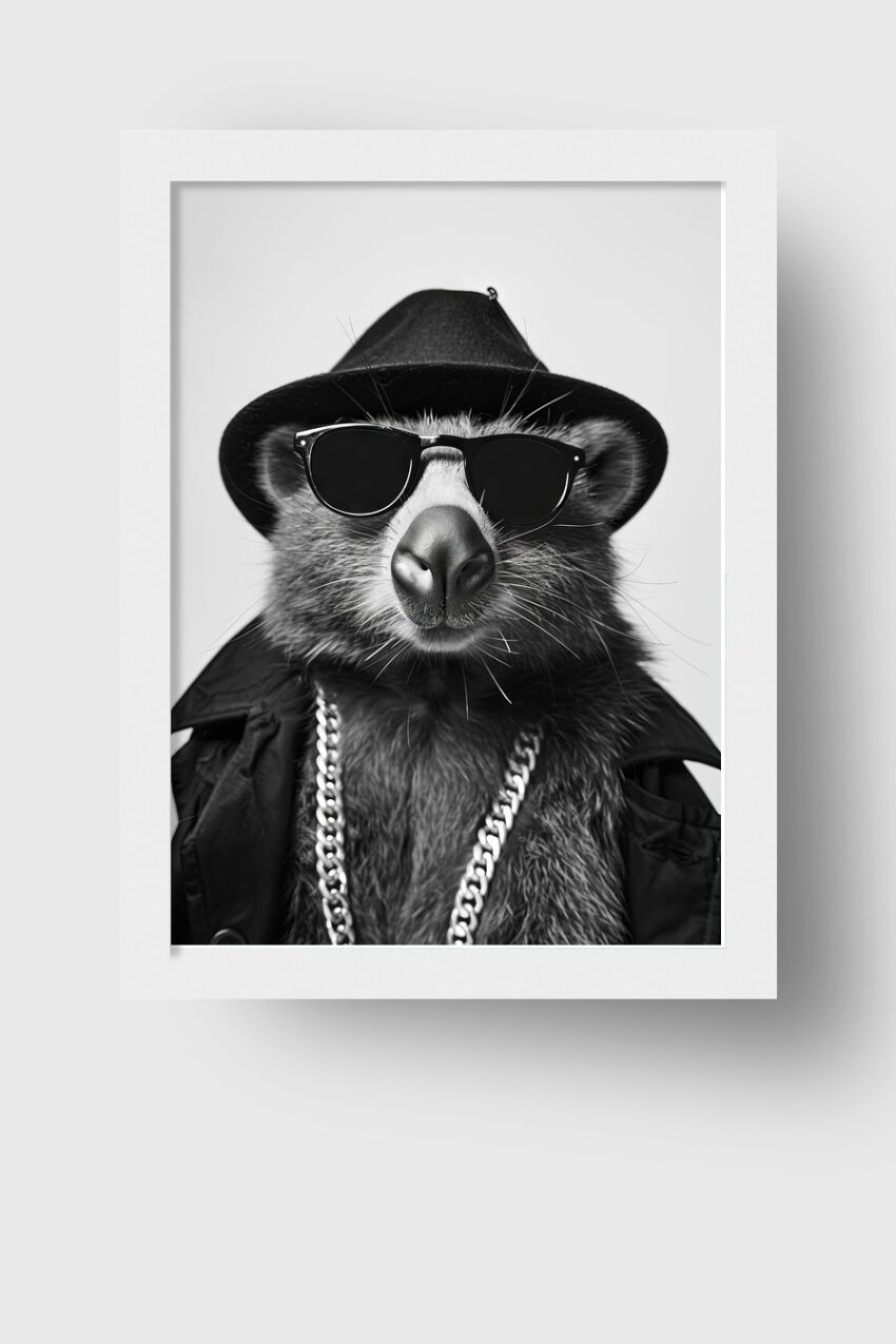 Fotografie Poster Bär Hut Kette schwarz-weiß