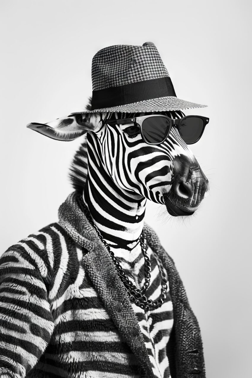 Fotografie Poster Zebra schwarz-weiß mit Hut Sonnenbrille