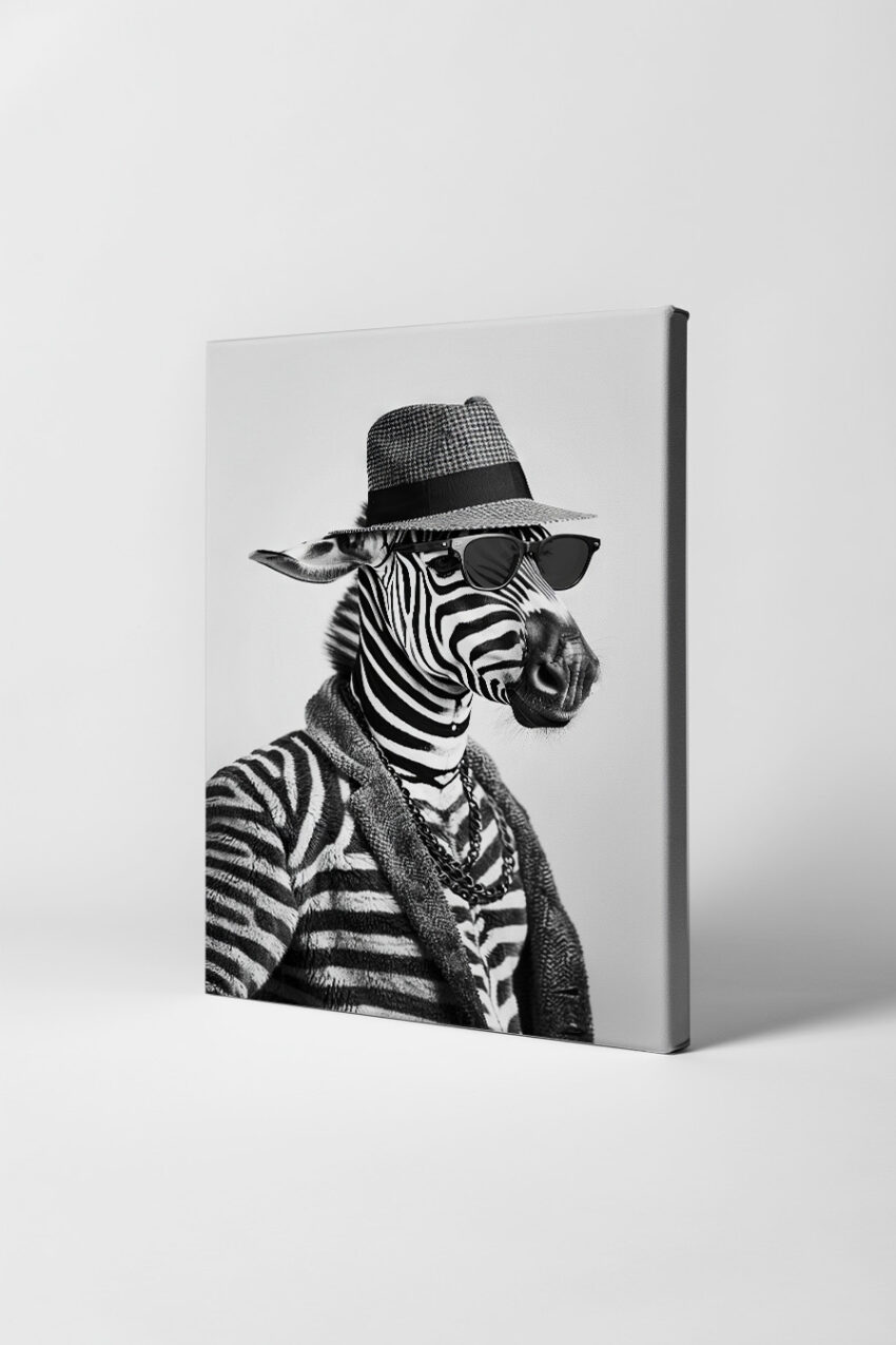 Fotografie Poster Zebra schwarz-weiß mit Hut Sonnenbrille