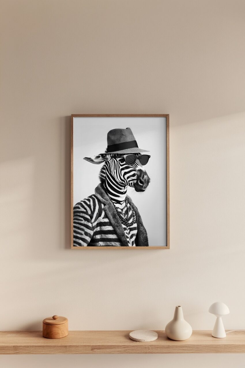 Fotografie Poster Zebra schwarz-weiß mit Hut Sonnenbrille