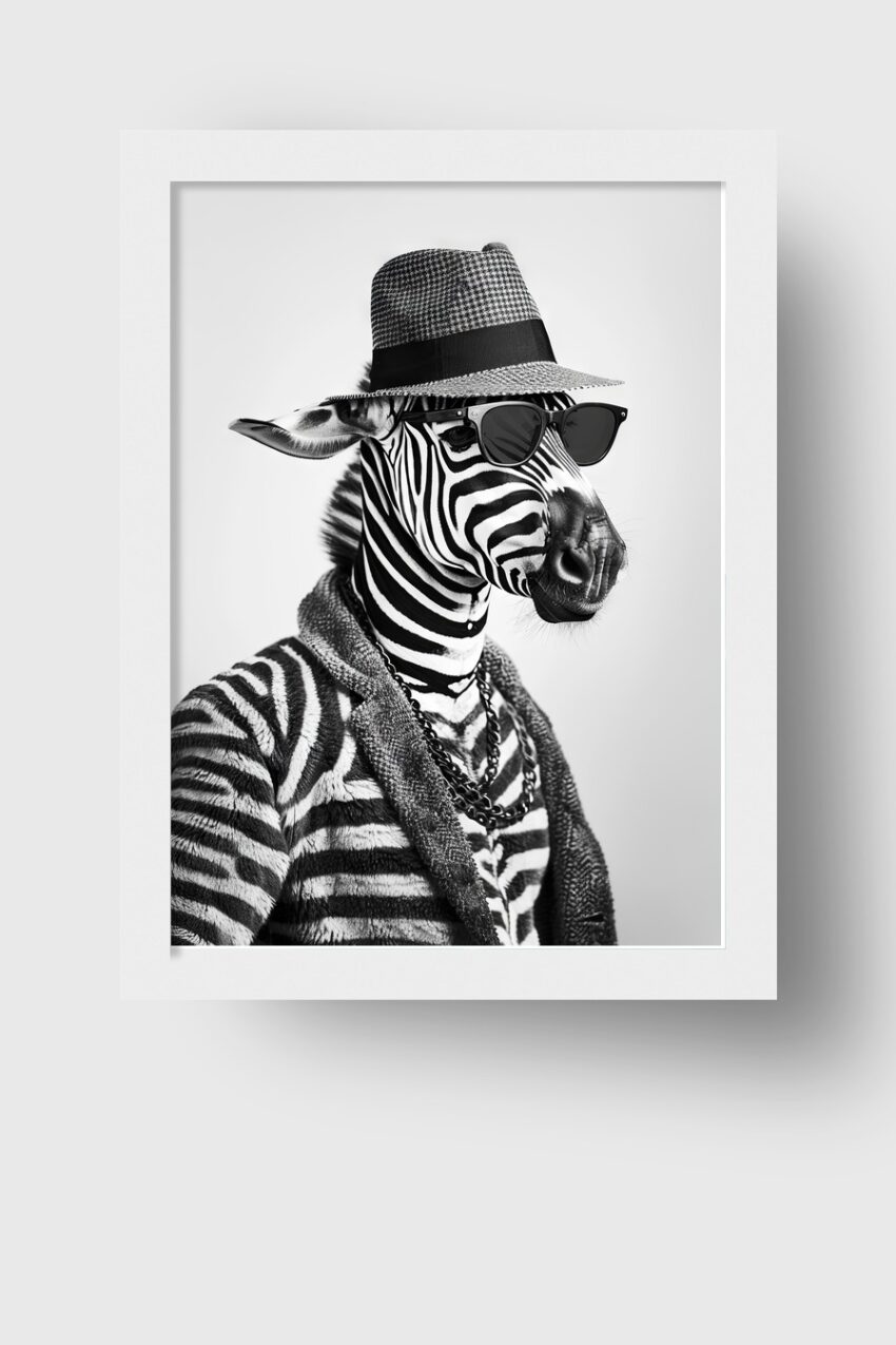 Fotografie Poster Zebra schwarz-weiß mit Hut Sonnenbrille