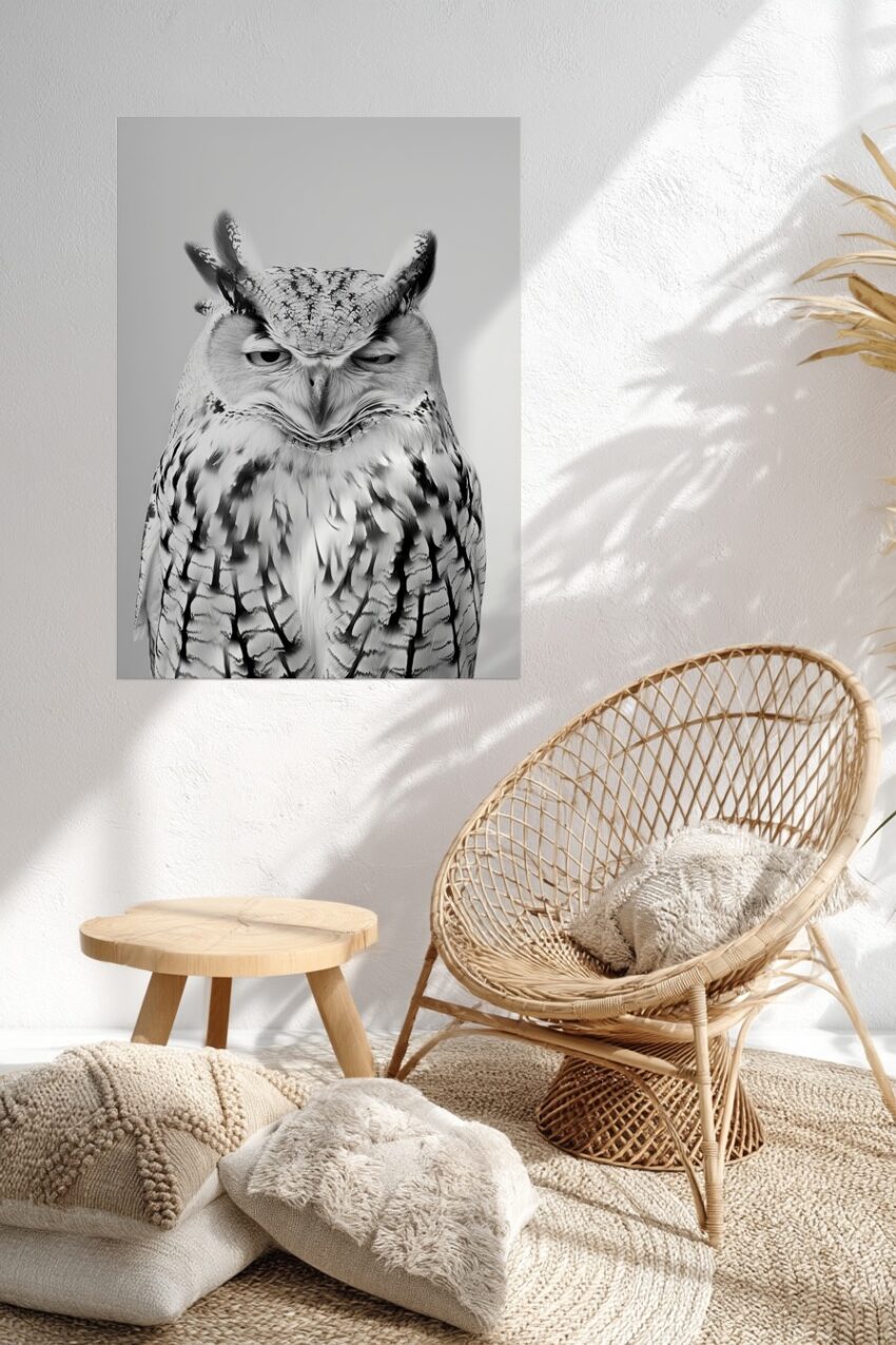 Fotografie Poster Eule schwarz-weiß Nahaufnahme